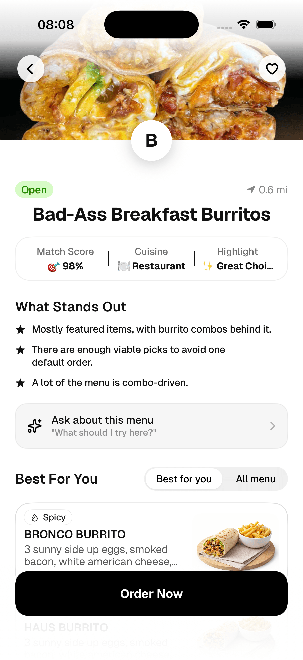 Forkiee iPhone app showing nearby restaurant discovery with personalized dietary match scores