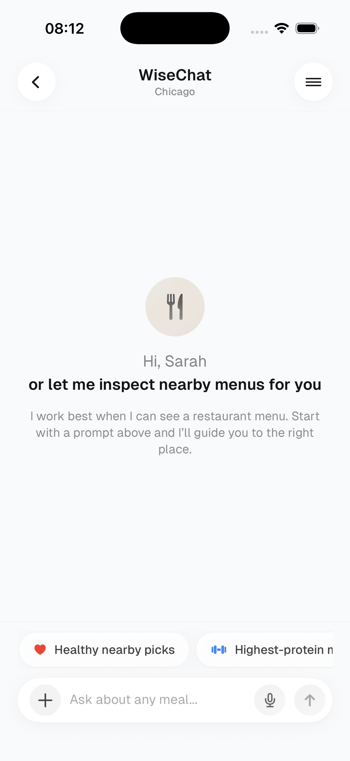Forkiee iPhone app WiseChat assistant suggesting healthy, high-protein picks nearby